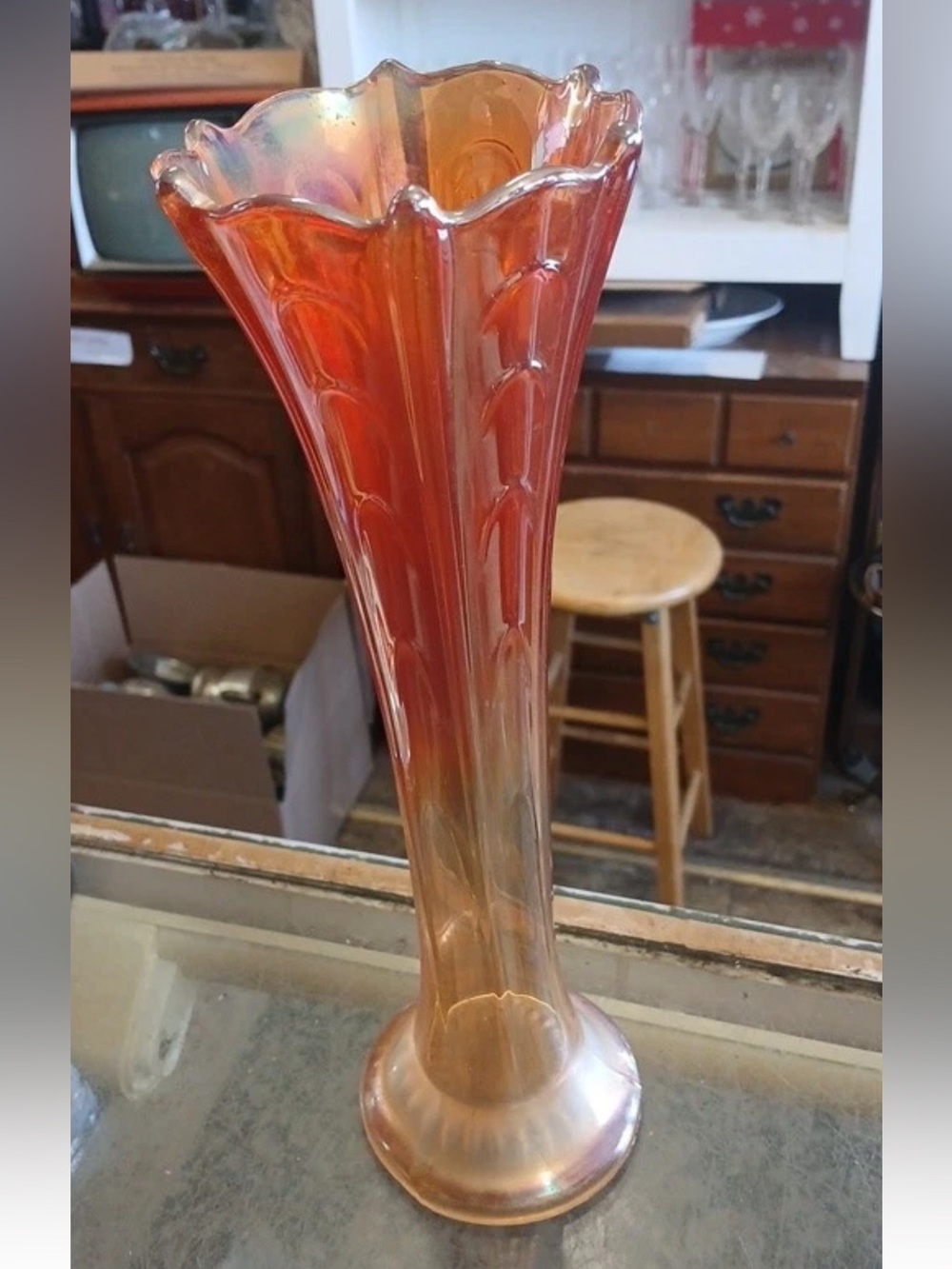 Vintage Marigold Carnival Glass Pulled Loop Swung Vase 11 Inches